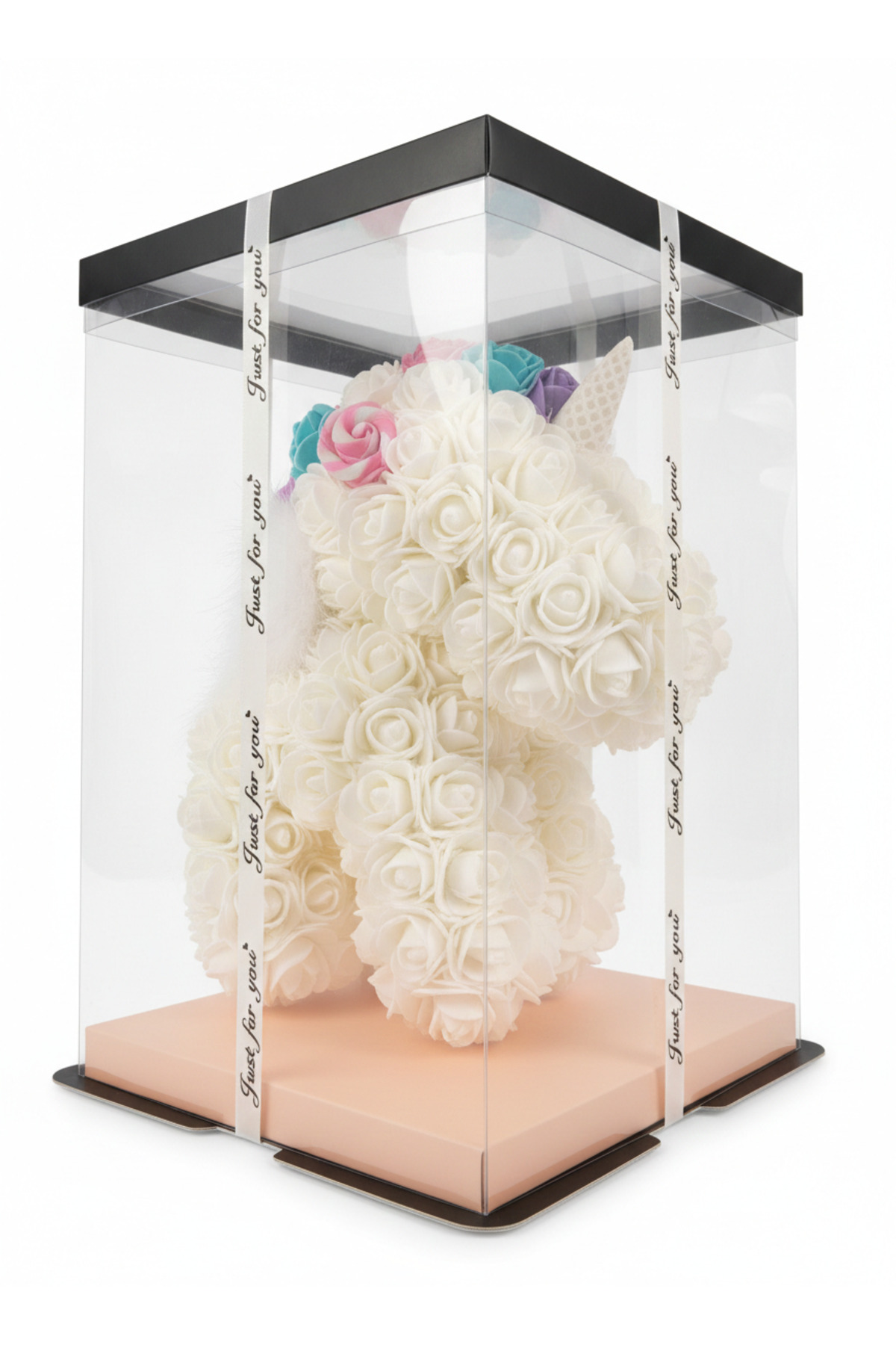 Unicorn alb din trandafiri artificiali  Cadou romantic premium in cutie transparenta