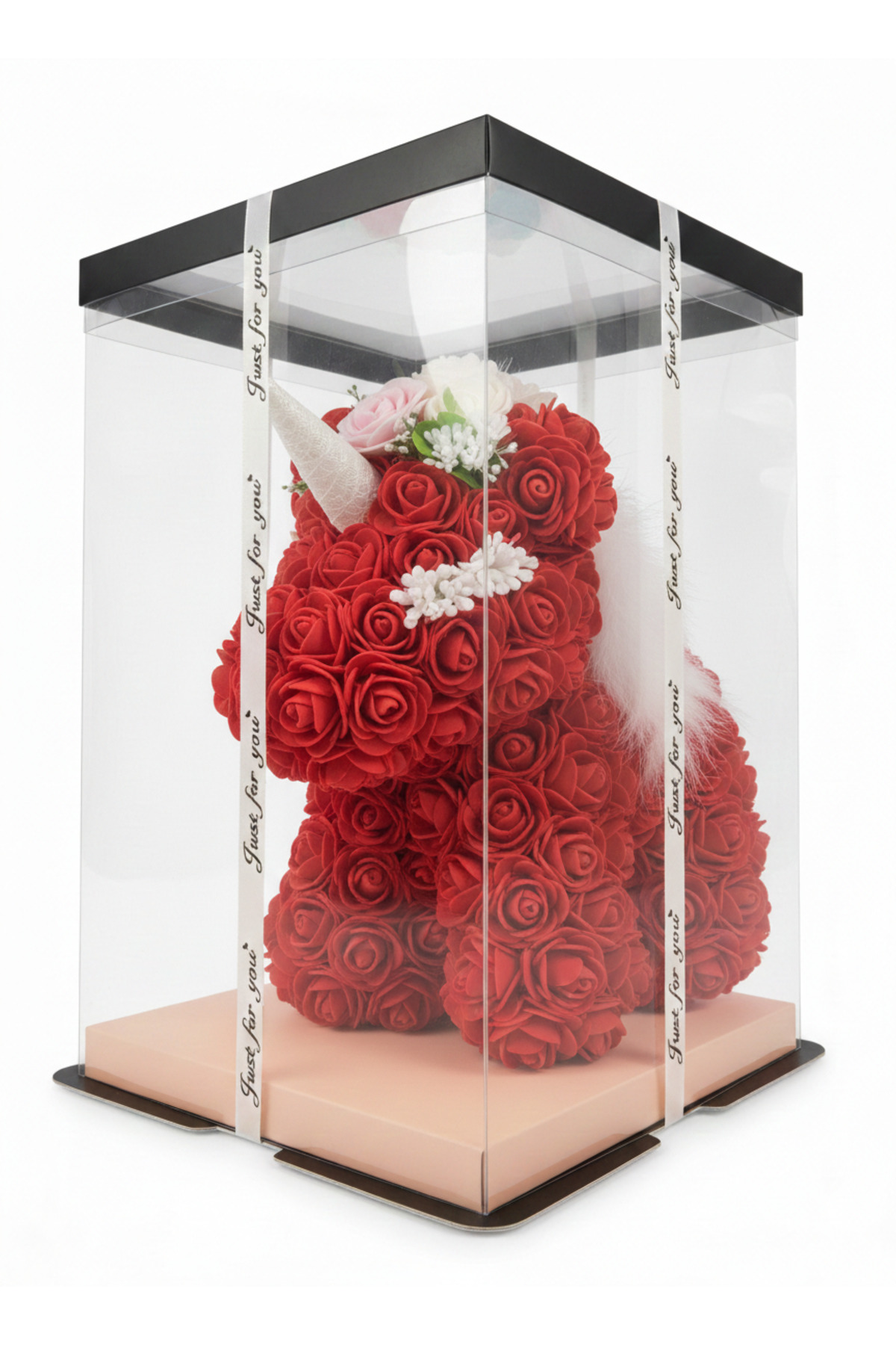 Unicorn Rosu din Trandafiri Artificiali  Cadou Romantic Premium in Cutie Transparenta