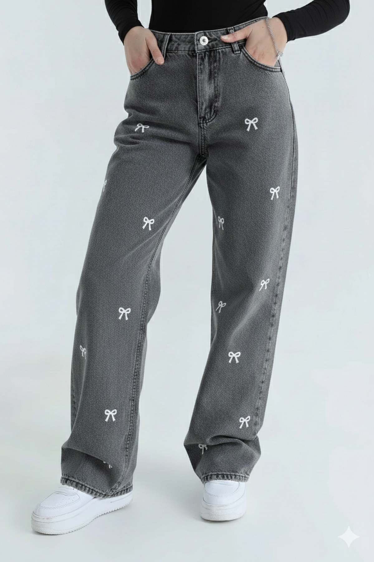 sion jeans  Fiyonk Detaylı Gri Siyah Yıkma Palazzo Salaş Kadın Kot Pantolon Jean - Görsel 3