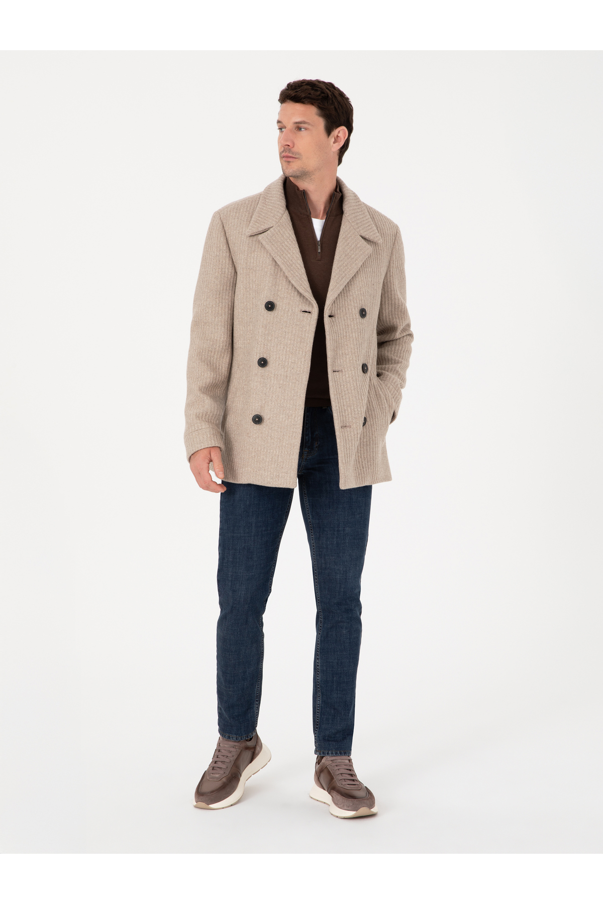 Vizon Slim Fit Yün Karışımlı Kruvaze Kaşe Kaban 50309909-VR052 — قهوه‌ای — تصویر 4 از 7