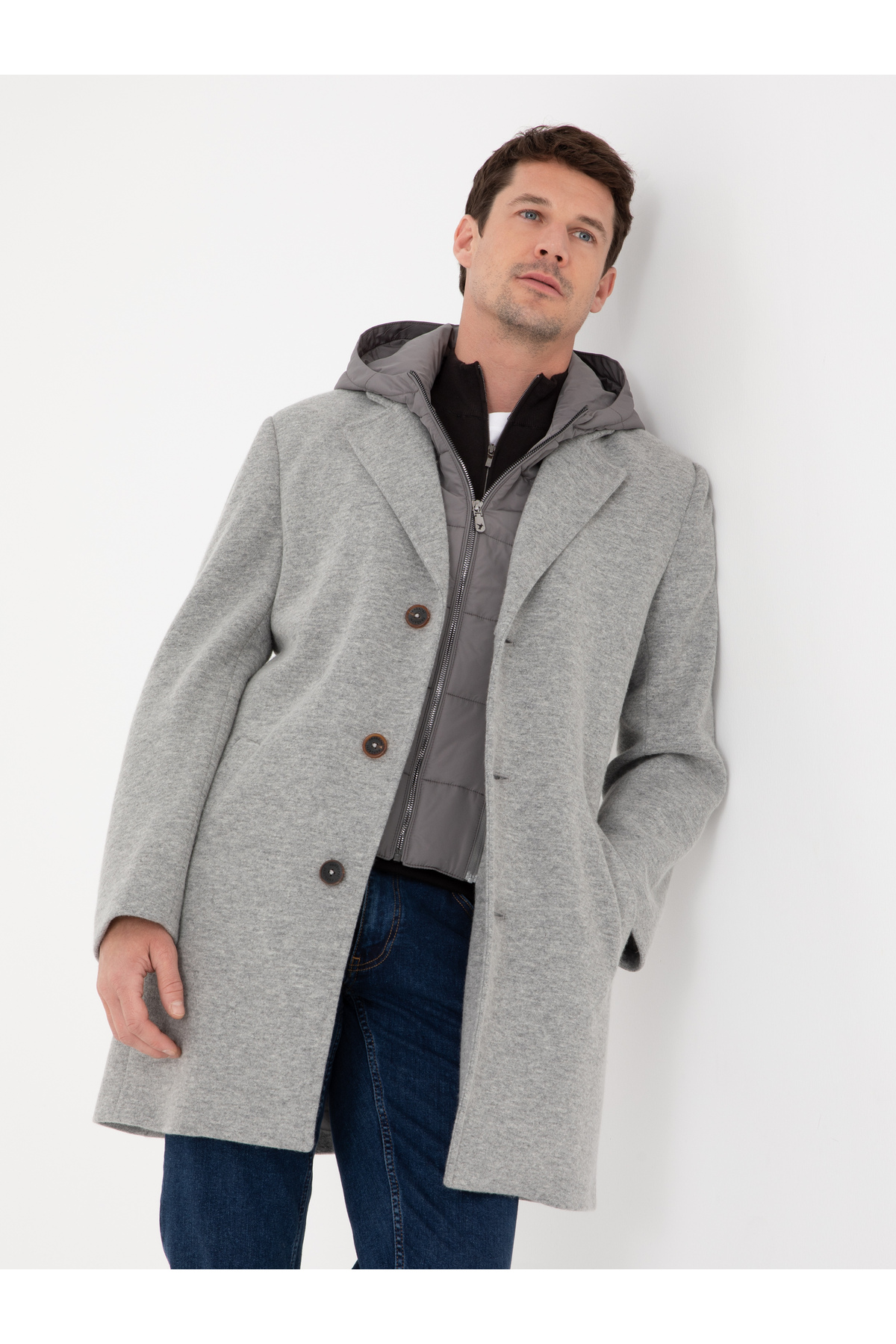 Cacharel Gri Melanj Regular Fit Rüzgar Korumalı Yün Karışımlı Kaşe Kaban 50311138-VR086 — خاکستری