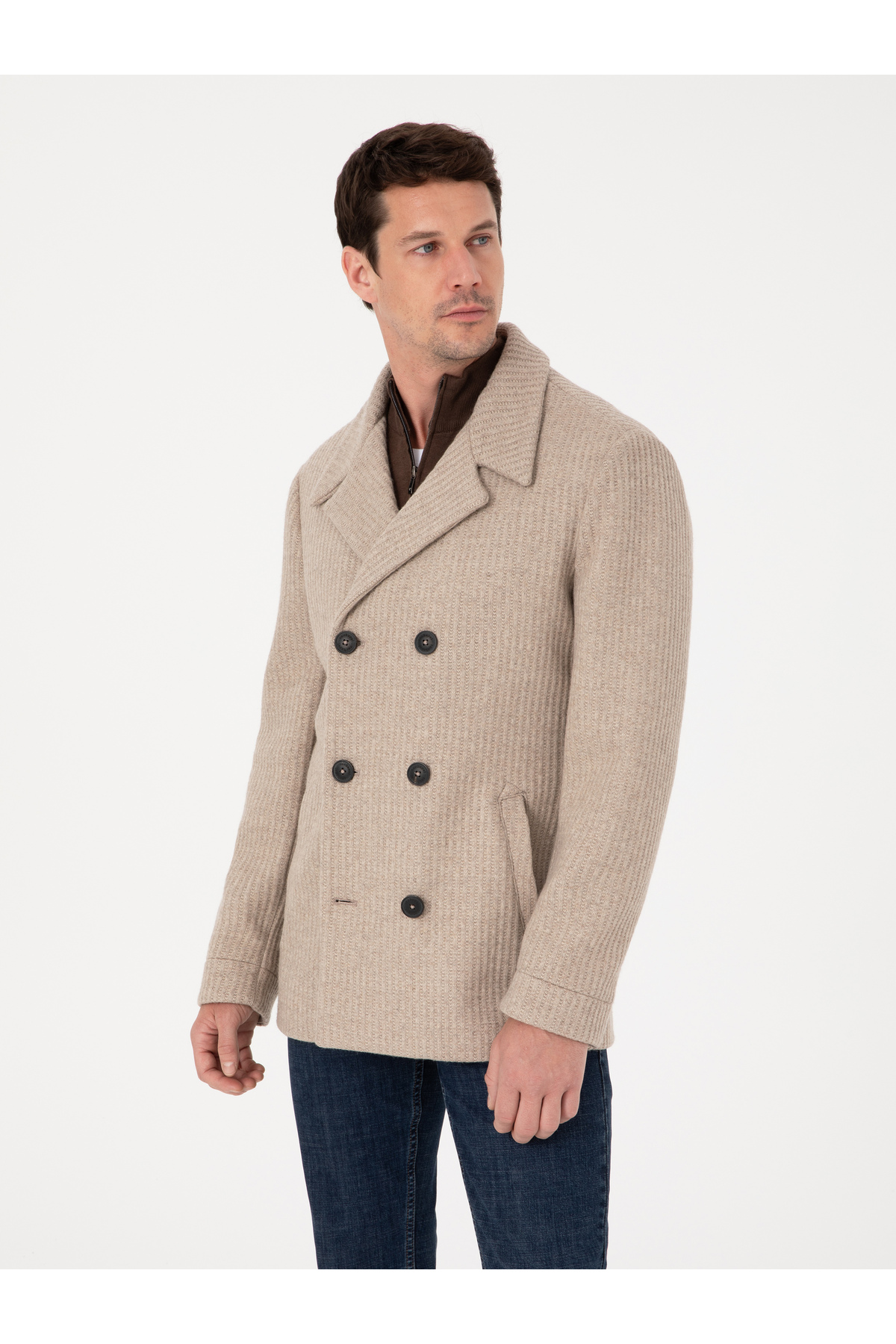 Vizon Slim Fit Yün Karışımlı Kruvaze Kaşe Kaban 50309909-VR052 — قهوه‌ای — تصویر 3 از 7