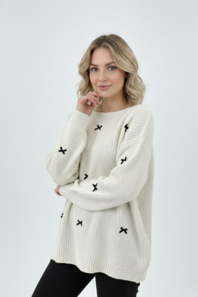 Afternoon Kids Kadın Kurdeleli Ajurlu Triko Beyaz Kazak