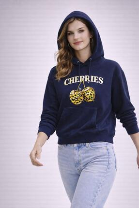 SMAC kadın oversize kapüşonlu sweatshirt cherrıes baskılı kanguru cepli
