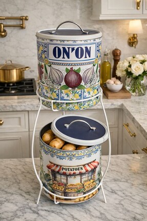 Decorev Dekoratif 2 Katlı Metal Patates & Soğan Saklama Kovası – Mimoza Desenli