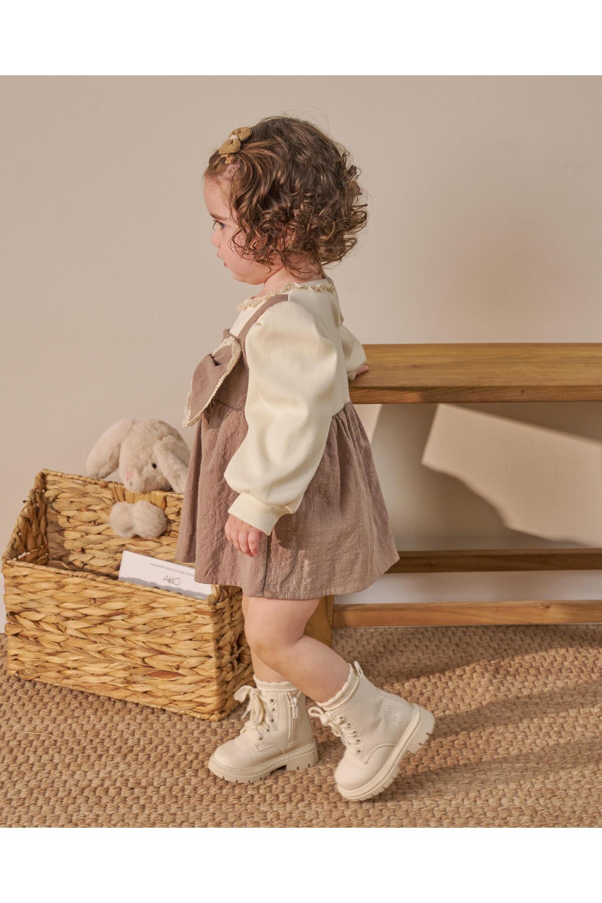 Magu Kız Bebek Pamuklu Kahverengi Fiyonk Detaylı Salopet Elbise fotoğrafı 4 (önizleme)