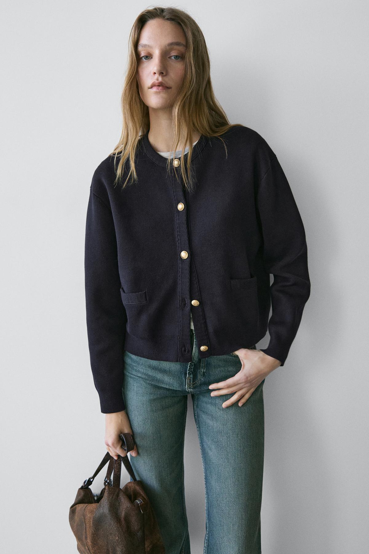 Massimo Dutti  Altın düğmeli pamuklu triko hırka - Görsel 3