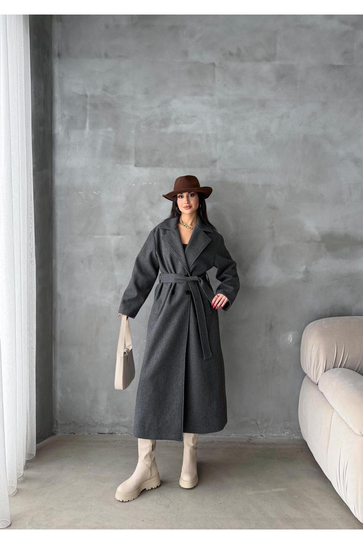 Arfami  Kruvaze Yaka Belden Kuşaklı Düğmeli Astarlı Kaşe Kaban - Görsel 6