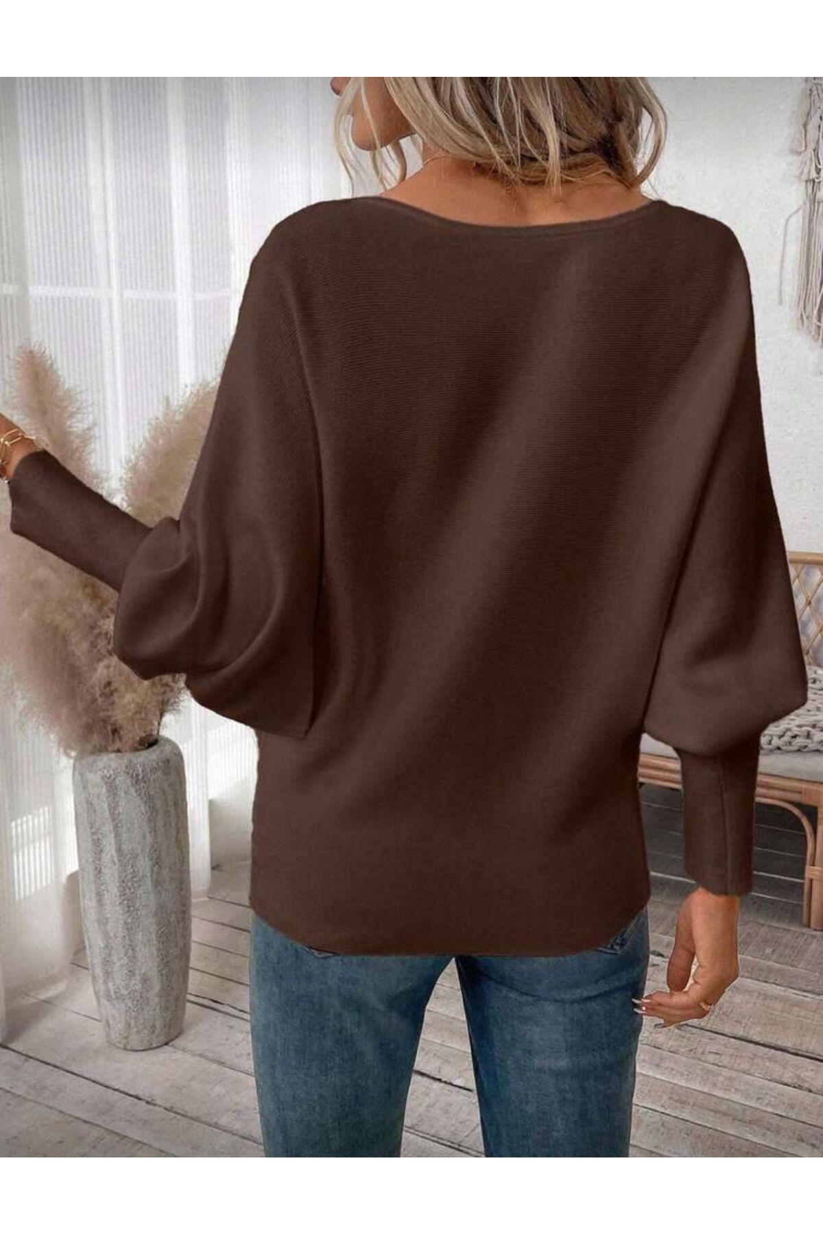 Maysev  Kayık Yaka Yarasa Kol Rib Manşet Regular Fit Triko Kadın Kazak - Görsel 3