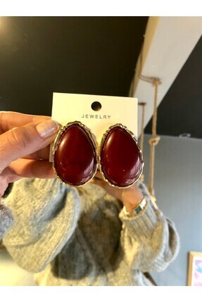 Gözde Tasarım Butik KADIN GOLD ALTIN ÇERÇEVELİ OVAL BÜYÜK BORDO KÜPE