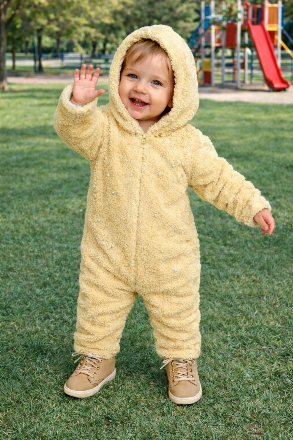 Chicsy Baby Kışlık tatlı Bebek Kapüşonlu Peluş Tulum İnci Detaylı Kışlık Yumuşak Tulum fotoğrafı 2 (önizleme)