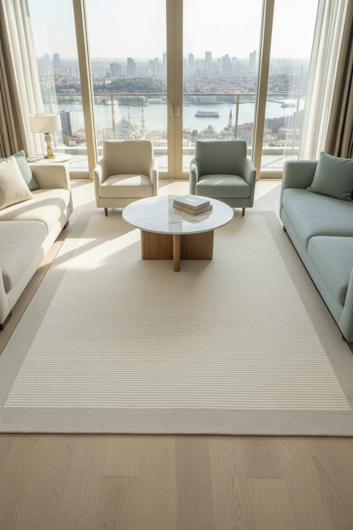 Curved Sisal Carpet Cream Gray-Cotton Woven, Non-Slip Base, Modern Design