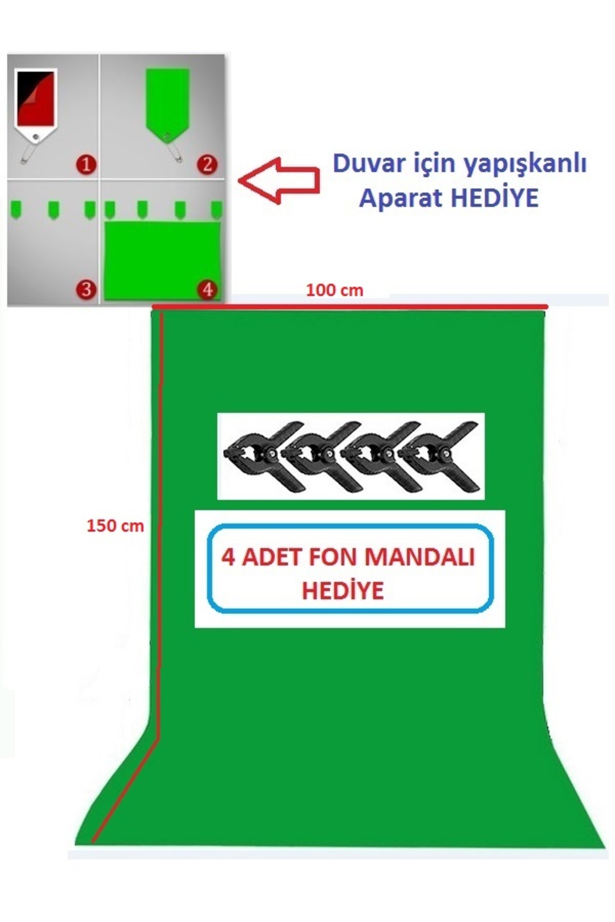 150x100 cm chromakey green screen greenbox yeşil fon Perde ,oyun,Fotoğraf , Stream 4 mandallı
