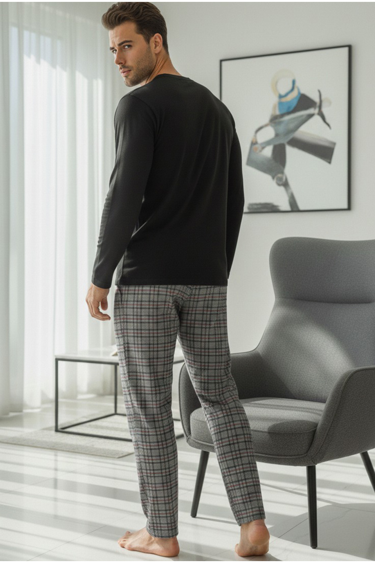 Siyah İnci  gri ekose desenli üst siyah cep nakışlı Örme Pijama Takım 7986 - Görsel 3