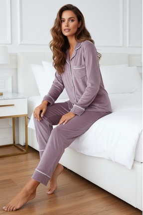 Pijamask KADIN KADİFE BOYDAN DÜĞMELİ ŞERİT DETAYLI 2'Lİ PİJAMA TAKIM