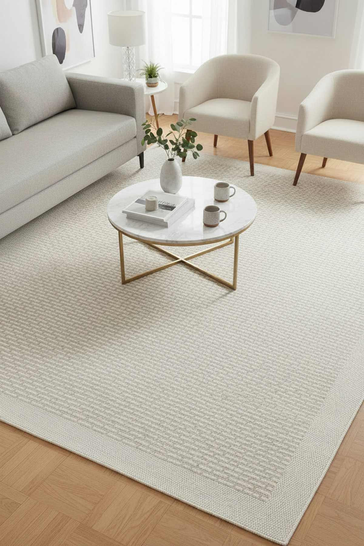 Bordered Sisal Carpet Grey Cream – Non-Slip Base, Washable, Compatible with Robot Vacuum Cleaner,Easy to Clean