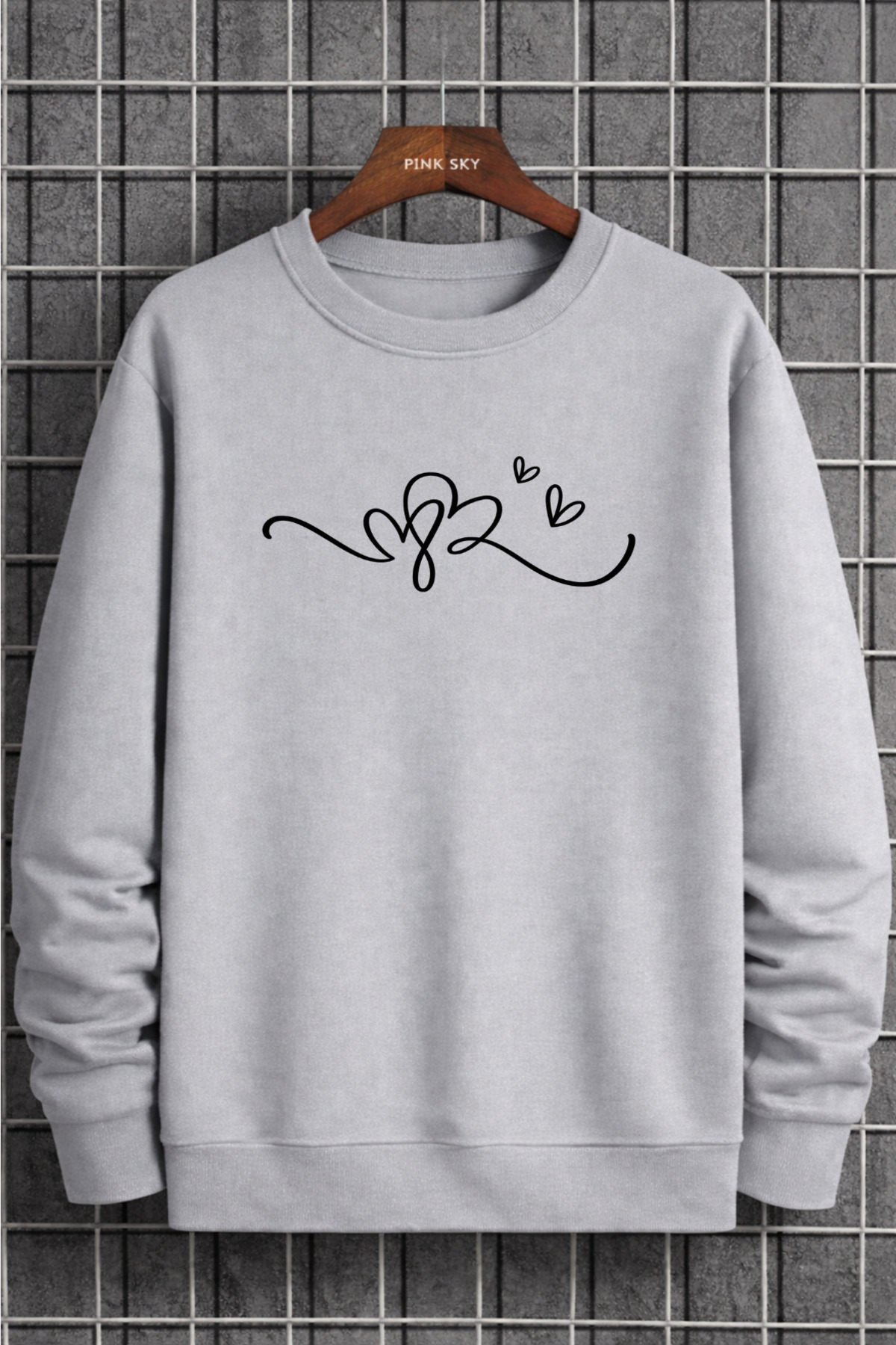 Pink Sky Unisex Oversize Pamuklu Baskılı Sweatshirt Heart Graphic