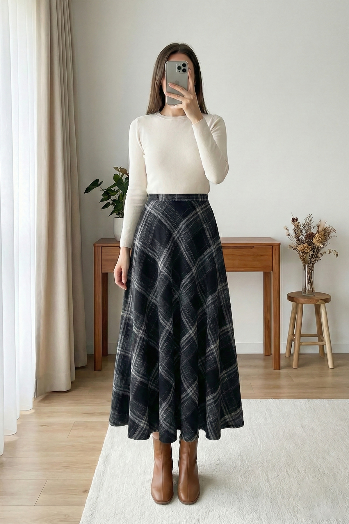 MODAQU  Ekose Desen Kaşe Kloş Etek - Siyah - Görsel 2