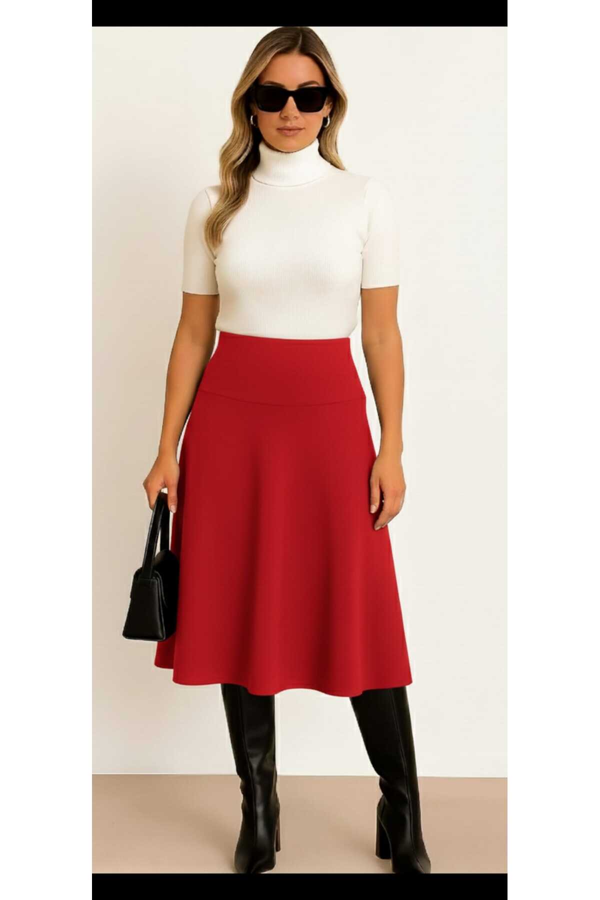 ZUM  Diz Altı Kırmızı Selanik Kadın Kloş Midi Etek Yüksek Bel Lastikli Salaş Çan Etek