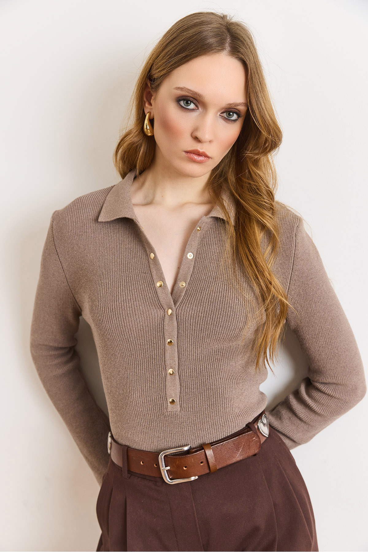 Olalook  Kadın Vizon Polo Yaka Çıtçıt Detaylı Yumuşak Dokulu Kazak KZK-19001136 - Görsel 3