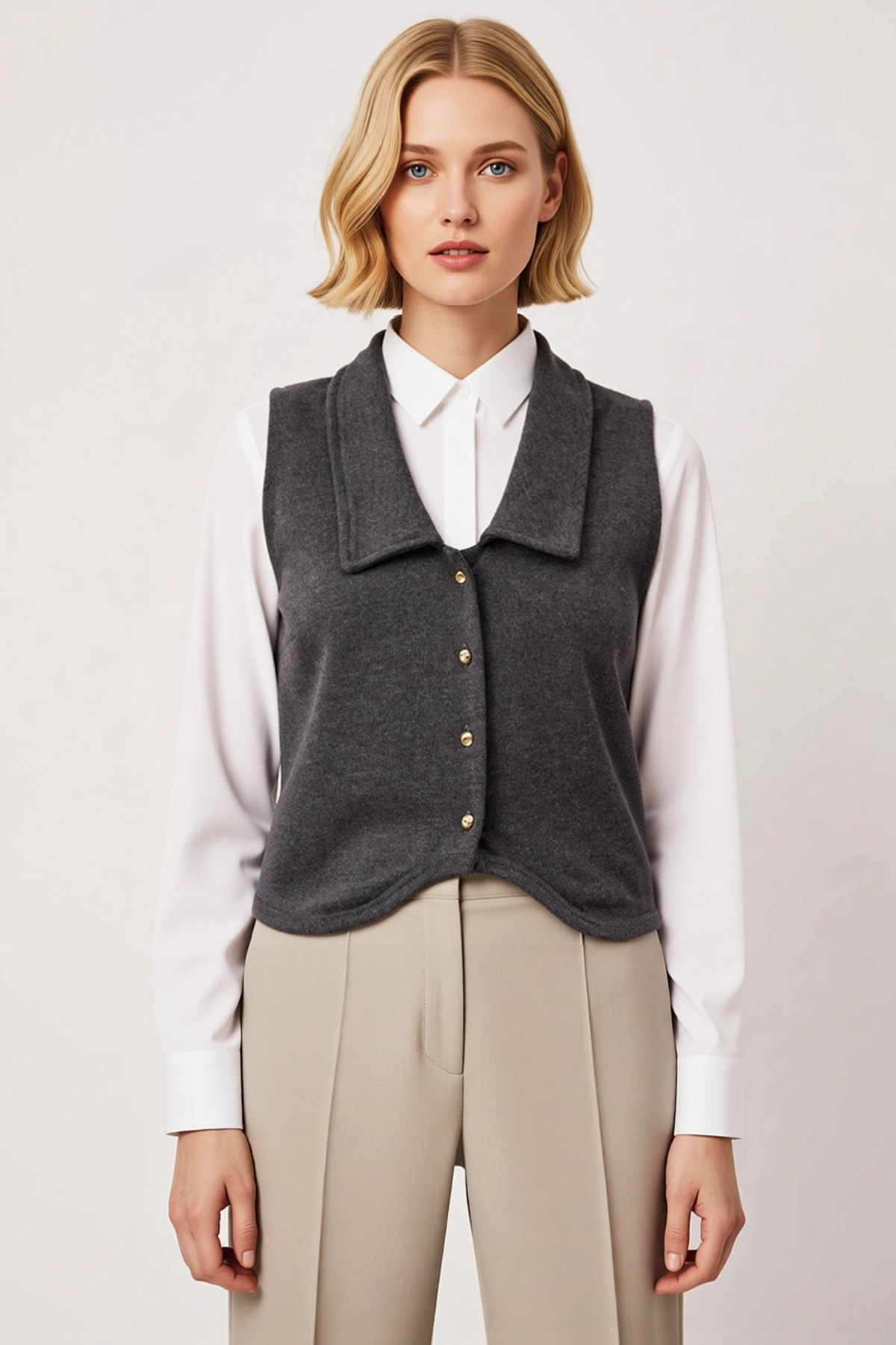 Kadın Fitted V Yaka Detaylı Kolsuz Düğmeli Örme Yelek Crop Boy Esnek Ottoman Dokuma Kumaş Şık