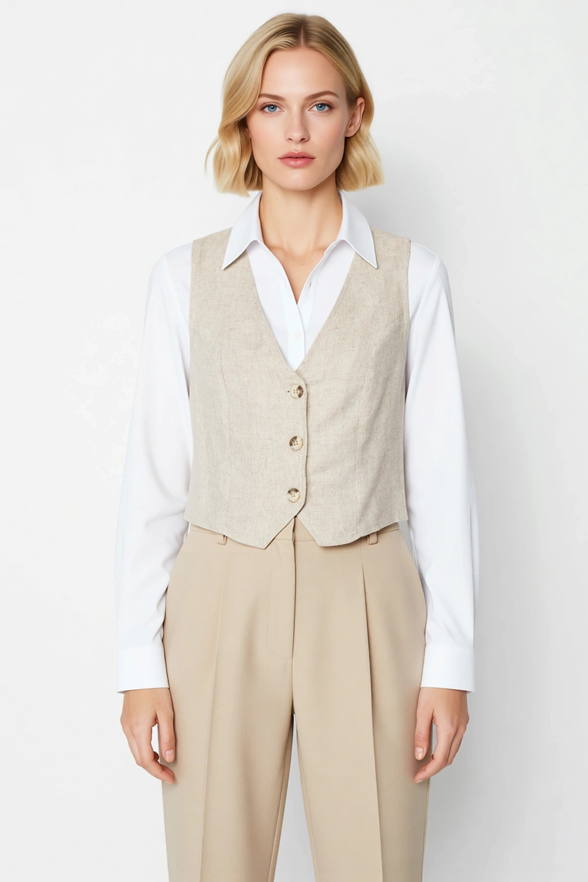 Kadın V Yaka Kolsuz Dokuma Kumaş Crop Yelek Fitted Kalıp Düz Desen Yazlık Giyim Ürünü Basic Siluet