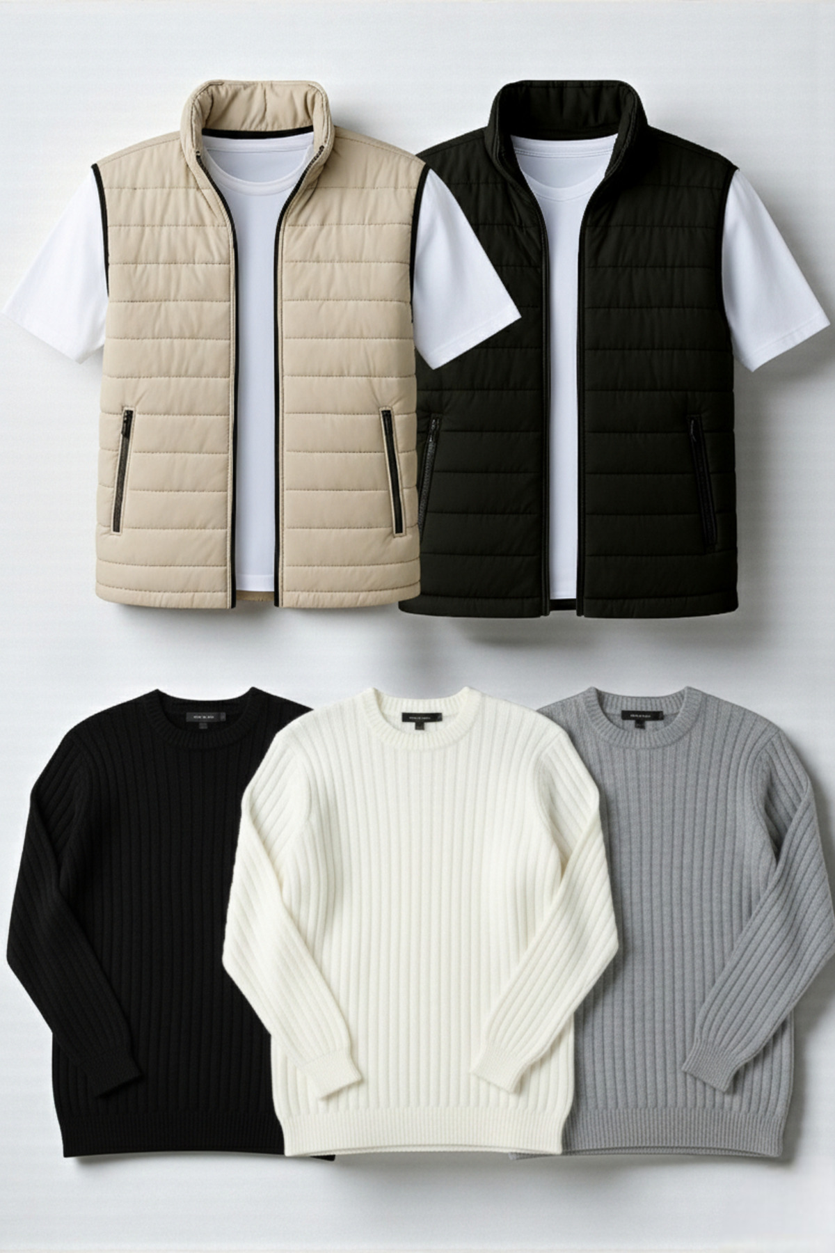 legends butik  5’li Erkek Mevsimlik Kombin Paketi – 2 Adet Şişme Yelek + 3 Adet Fitilli Bisiklet Yaka Triko Kazak