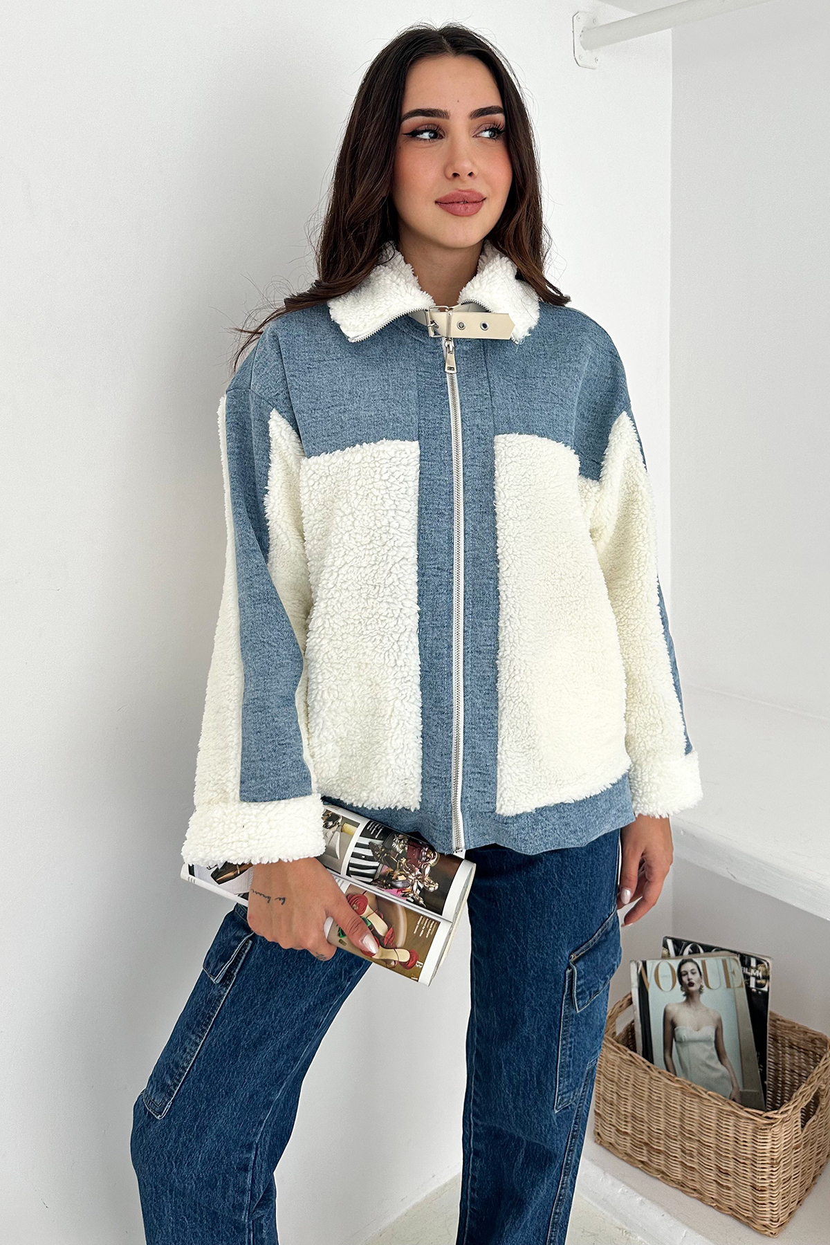 Noa Noa  Kadın Patchwork Sherpa Mont – Denim Frost - Görsel 3