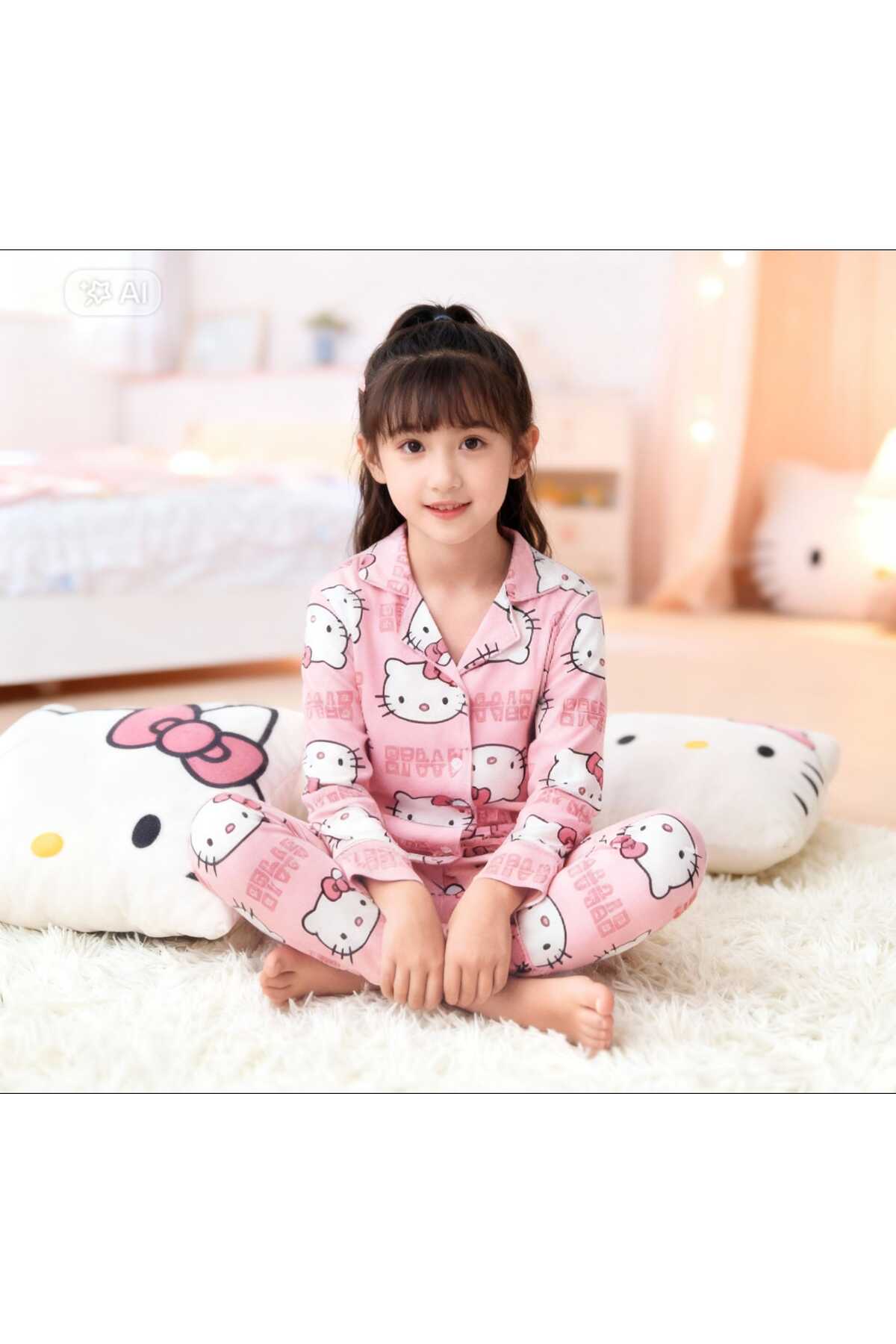 NiCe İç Giyim Hello Kitty Temalı İnce Milan Kumaş Pembe Gömlek Baharlık Kız Çocuk Pijama Takım fotoğrafı 5 (önizleme)