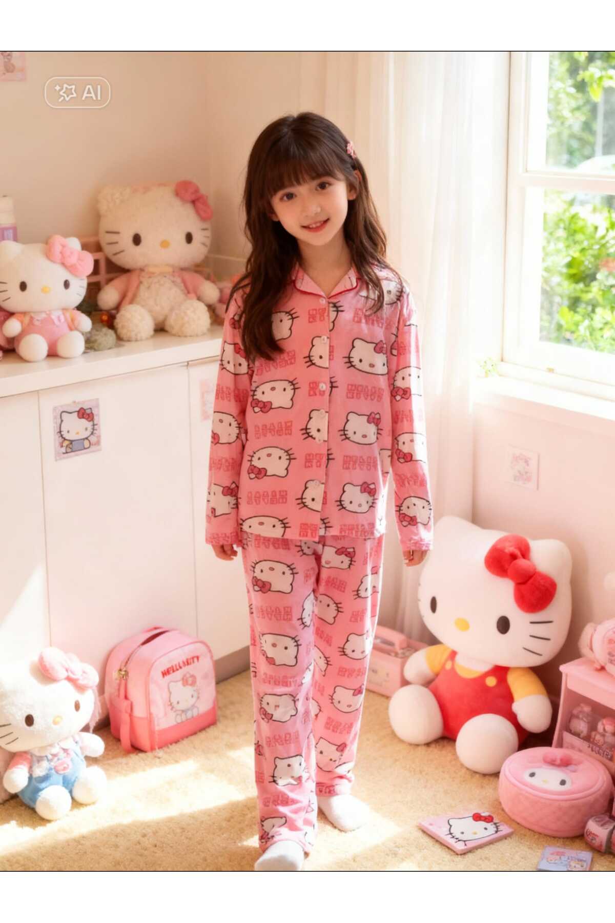 NiCe İç Giyim Hello Kitty Temalı İnce Milan Kumaş Pembe Gömlek Baharlık Kız Çocuk Pijama Takım fotoğrafı 3 (önizleme)