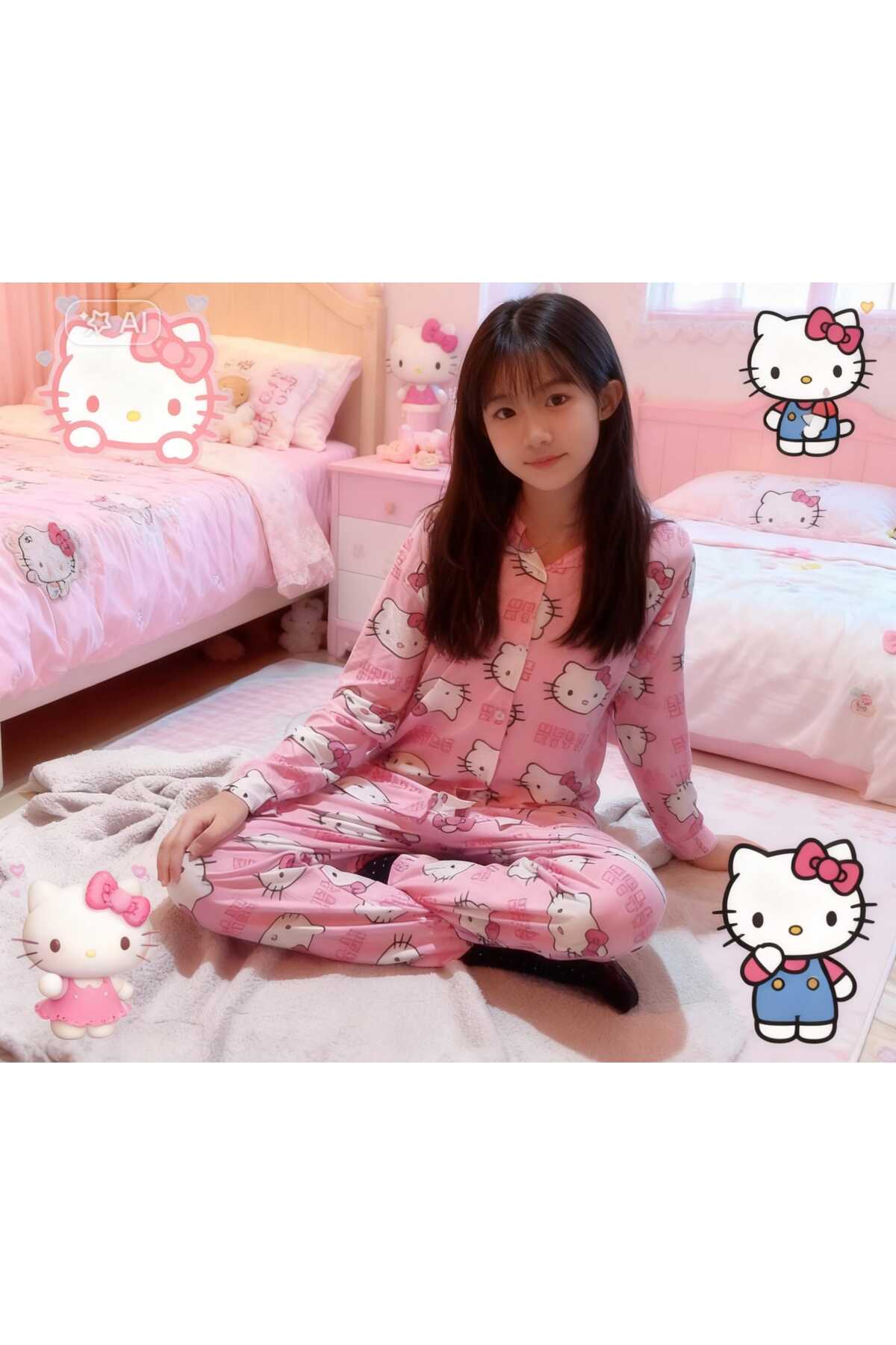 NiCe İç Giyim Hello Kitty Temalı İnce Milan Kumaş Pembe Gömlek Baharlık Kız Çocuk Pijama Takım fotoğrafı 4 (önizleme)