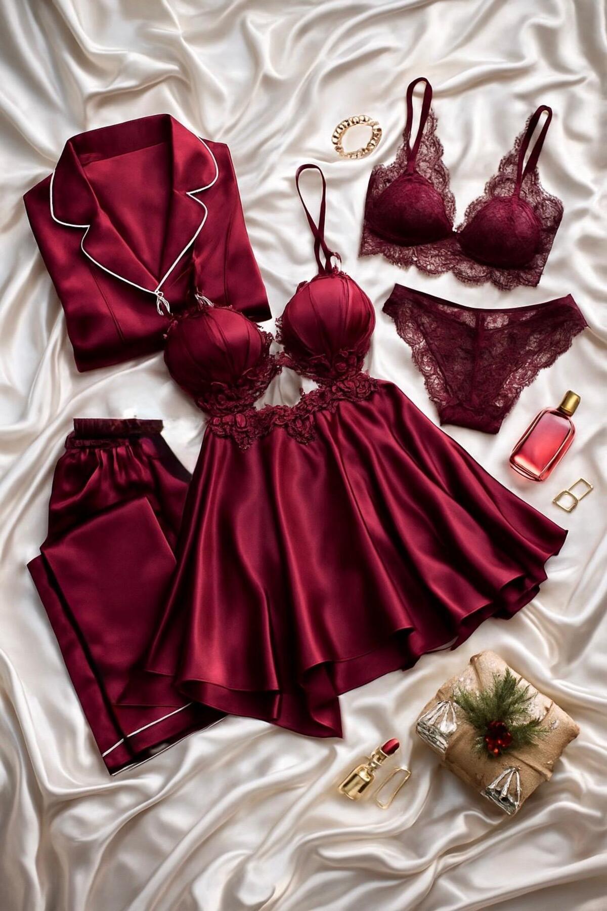 cdh çeyize dair herşey Satin Elegance Bordo 6’lı Dantel Gecelik & Pijama Seti