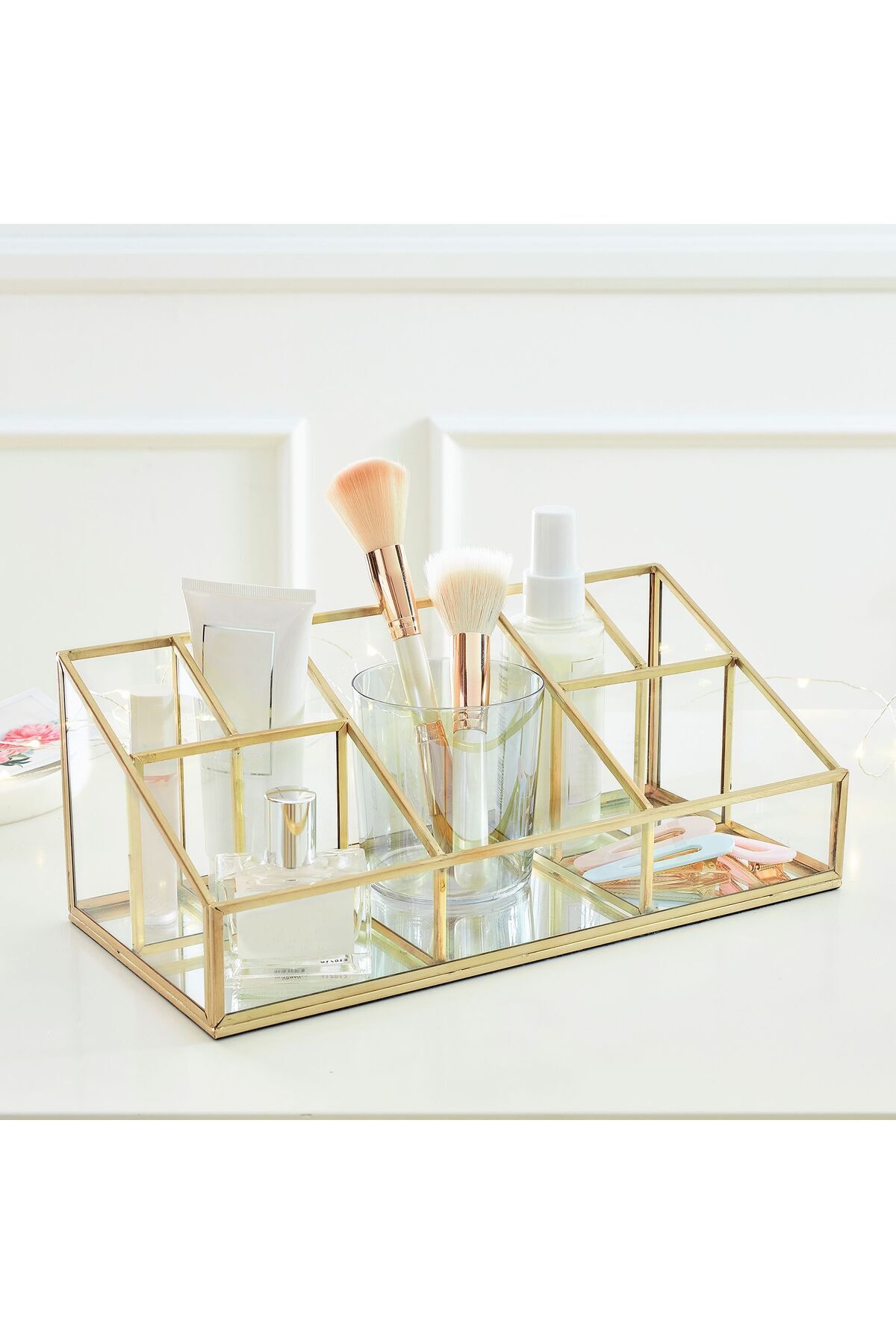 Mirror Based Brass Desktop Organizer | Varnished Gold Makeup Organizer 30x15x12cm