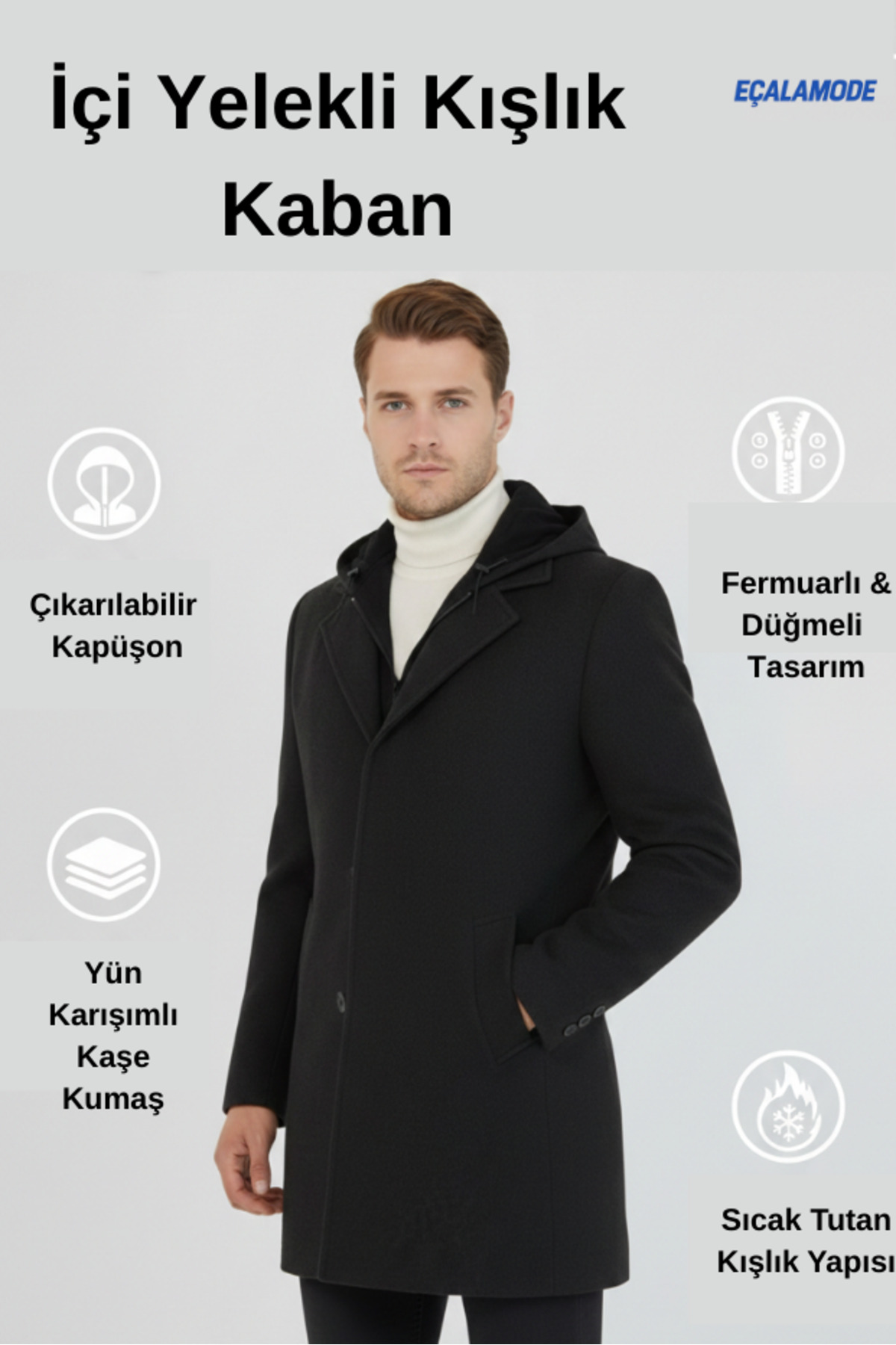 ECALAMODE Erkek Siyah İç Yelekli Fermuarlı ve Düğmeli Çıkarılabilir Kapüşonlu Uzun Kaşe Kışlık Kaban görsel 5
