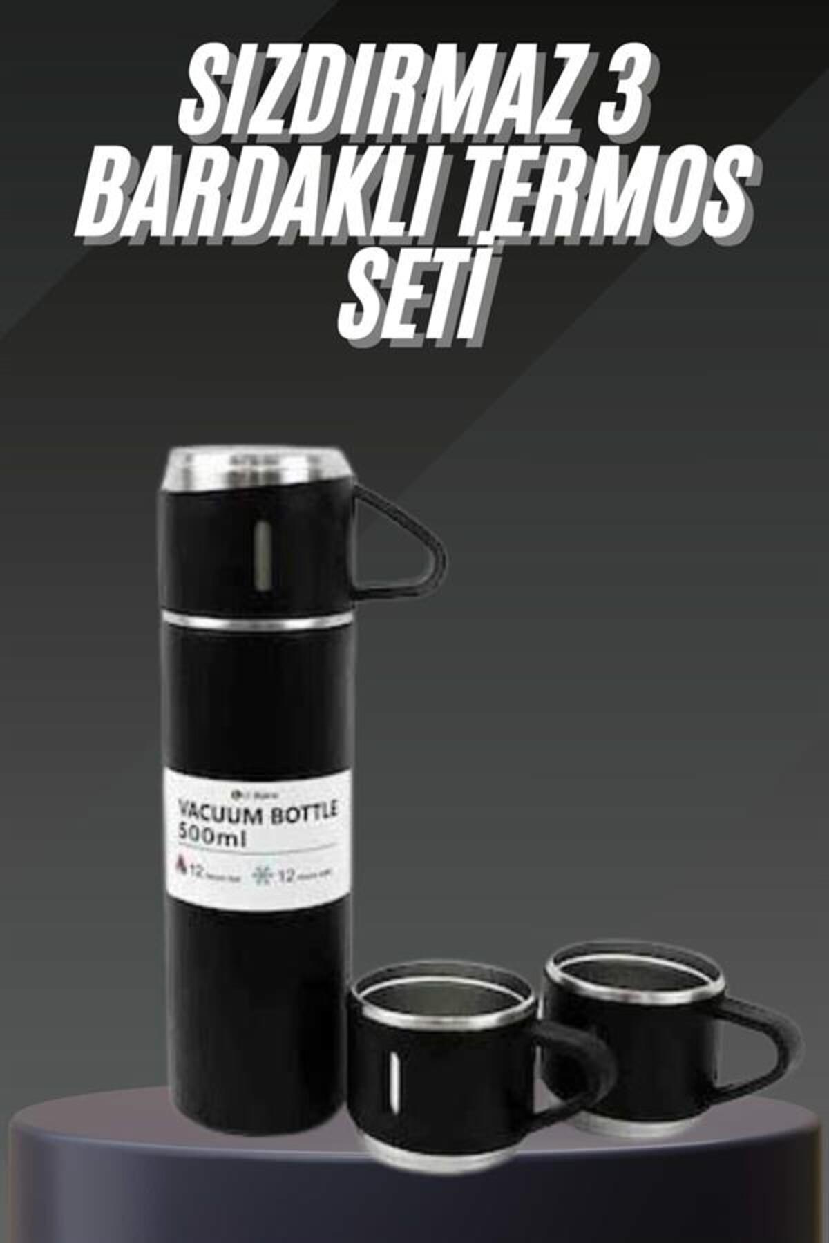 Net Damla Termos Seti Paslanmaz Çelik 3 Bardaklı Vakumlu Termos Set 500 Ml 12 Saate Kadar Isı Koruma - Lisinya fotoğrafı 2 (önizleme)