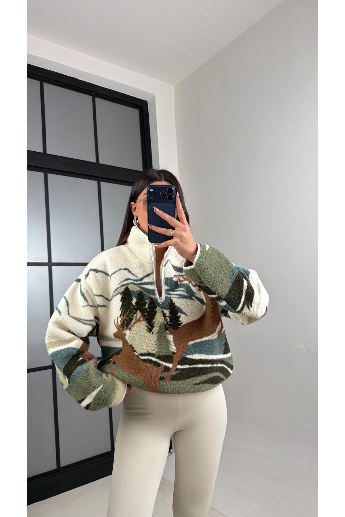 Gaus  Yeşil Fermuarlı Geyik Desenli Polar Sweatshirt GAUS-00723 GAUS-01100 - Görsel 3