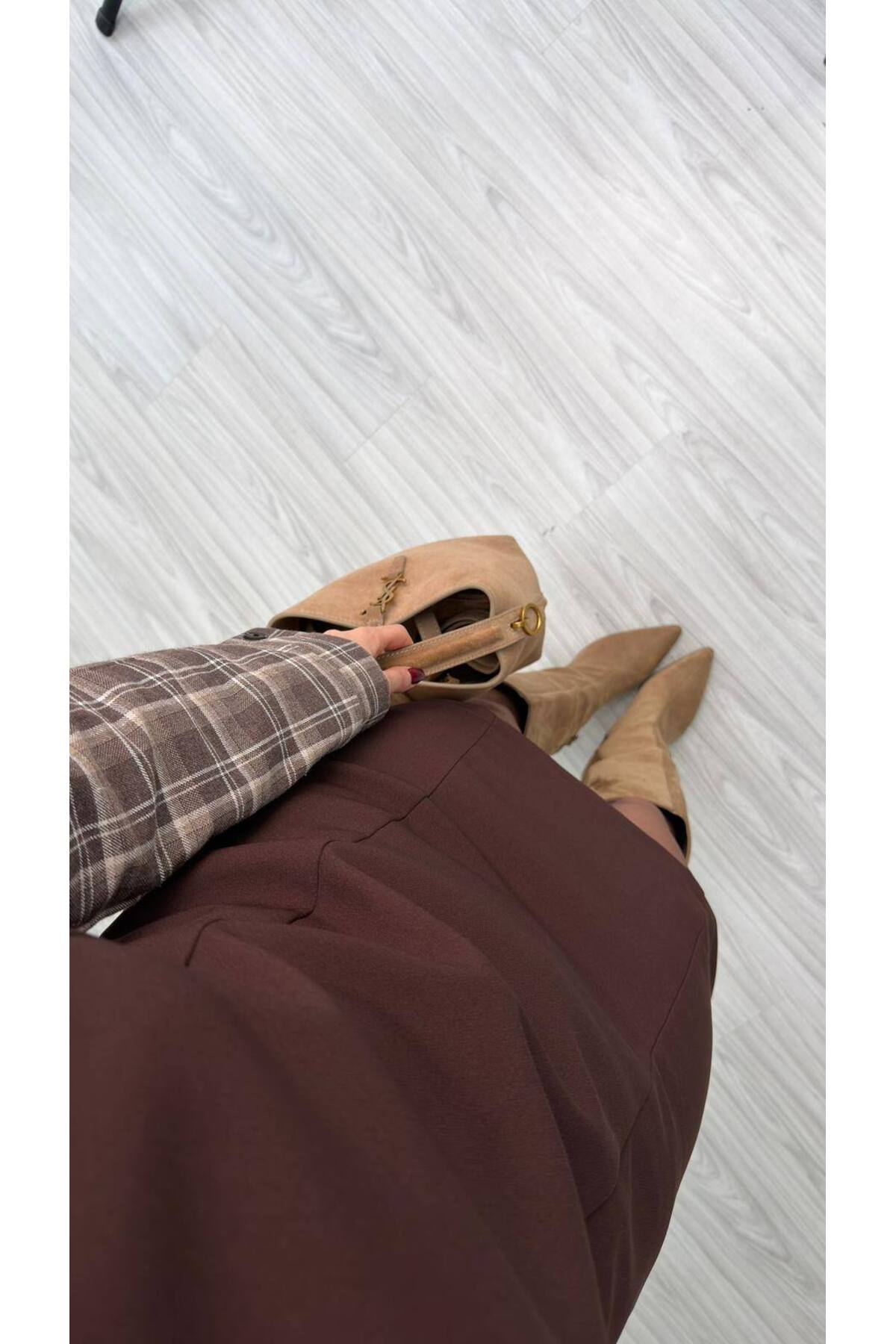 FMN Butik tok kumaş tasarım ekose kayık yaka gömlek detay straplez geçiş uzun kollu pinterest mini elbise görsel 3