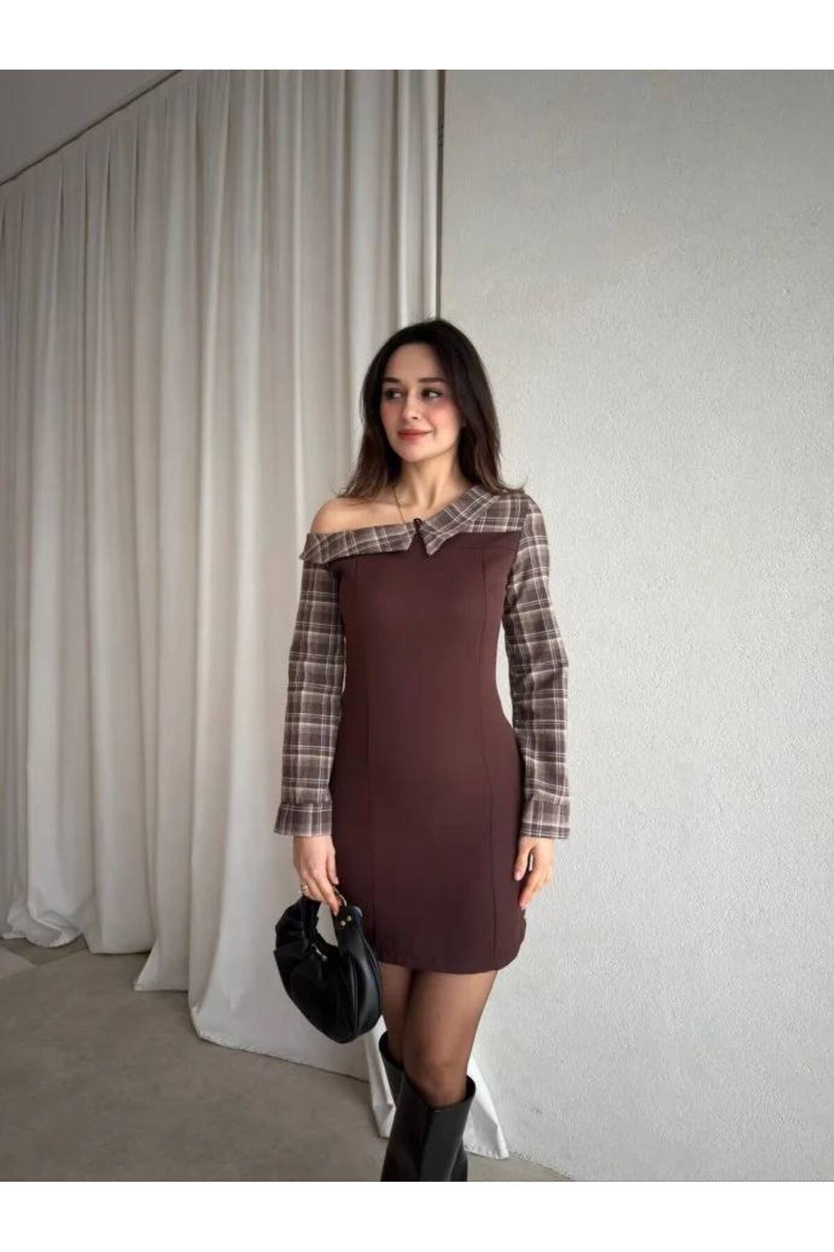 FMN Butik tok kumaş tasarım ekose kayık yaka gömlek detay straplez geçiş uzun kollu pinterest mini elbise görsel 4
