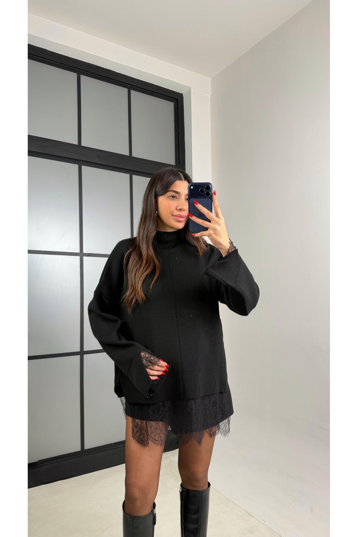 Gaus  Siyah Dantel Detaylı Triko Kazak GAUS-01055