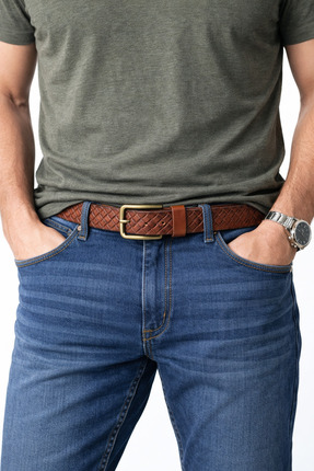 KOD DERİ Erkek Hakiki Deri Taba Örgü Desen Kemer