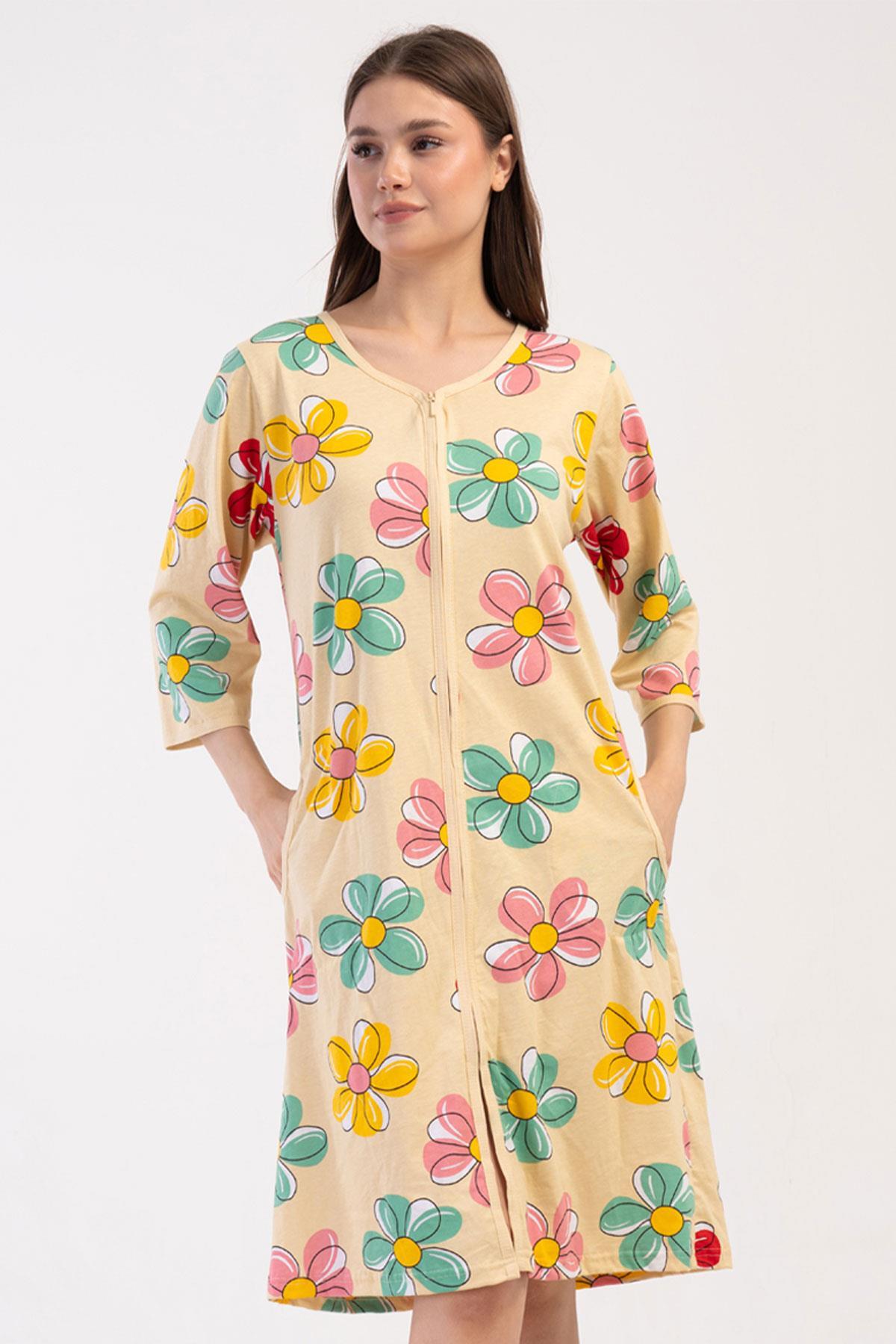 Vienetta Kadın Fermuarlı Pamuklu Ev Elbisesi Çiçek Desenli Kapri Kol Bej Renk C2T7N0804