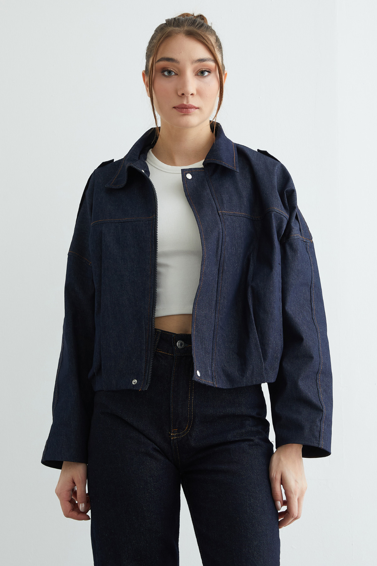 Fullamoda  Fermuarlı Oversize Kot Ceket - Görsel 3
