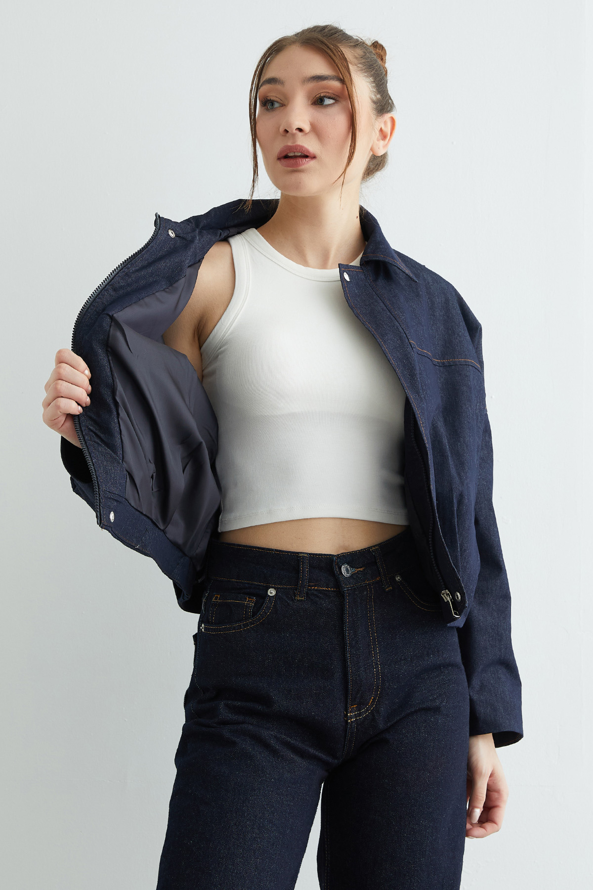 Fullamoda  Fermuarlı Oversize Kot Ceket - Görsel 4