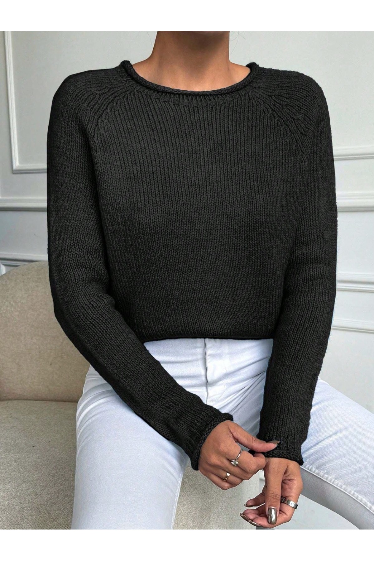NSRKNİTWEAR  Kadın Siyah Bisiklet Yaka Triko Kazak- Günlük & Şık Kullanım - Görsel 3