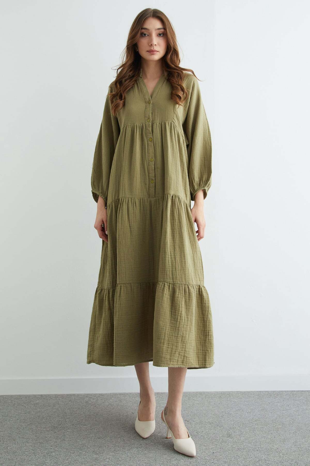 Fullamoda  Fullamodest Yarım Düğmeli Hakim Yaka Müslin Elbise