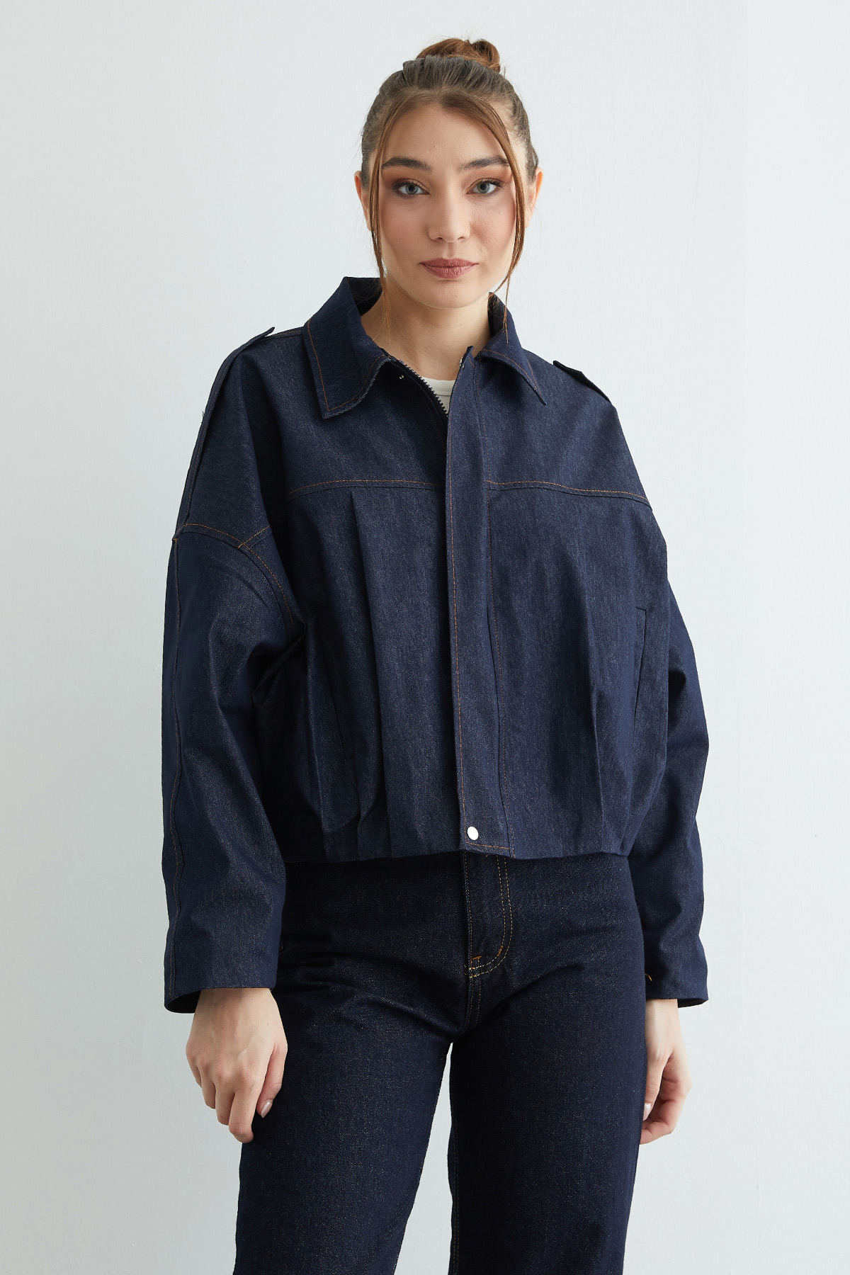 Fullamoda  Fermuarlı Oversize Kot Ceket - Görsel 6