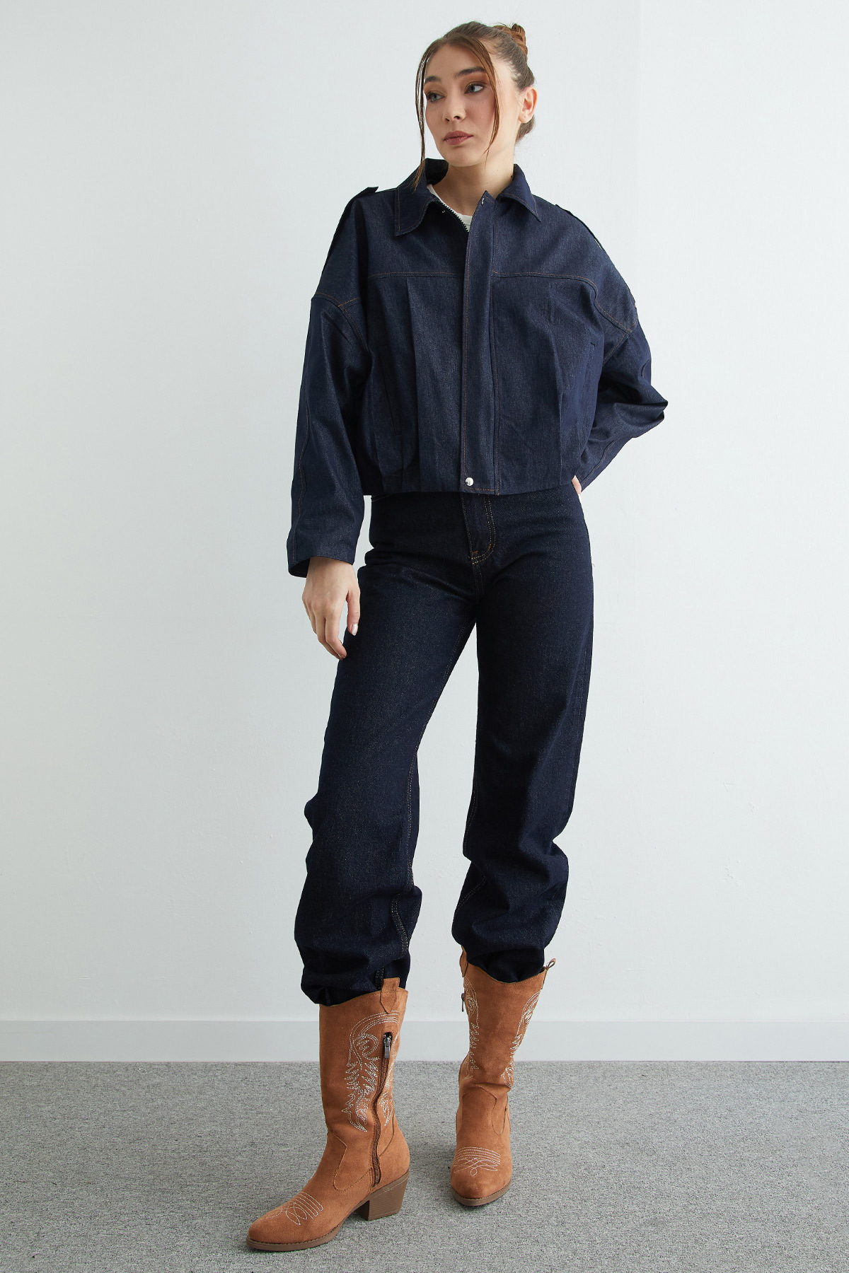 Fullamoda  Fermuarlı Oversize Kot Ceket - Görsel 5