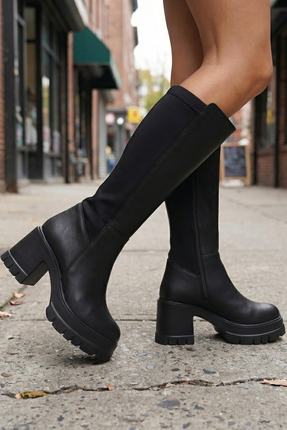 Moda Lime Kadın Siyah Fermuarlı Kalın Taban Düz Topuk Rahat Kalıp Diz Altı Çizme