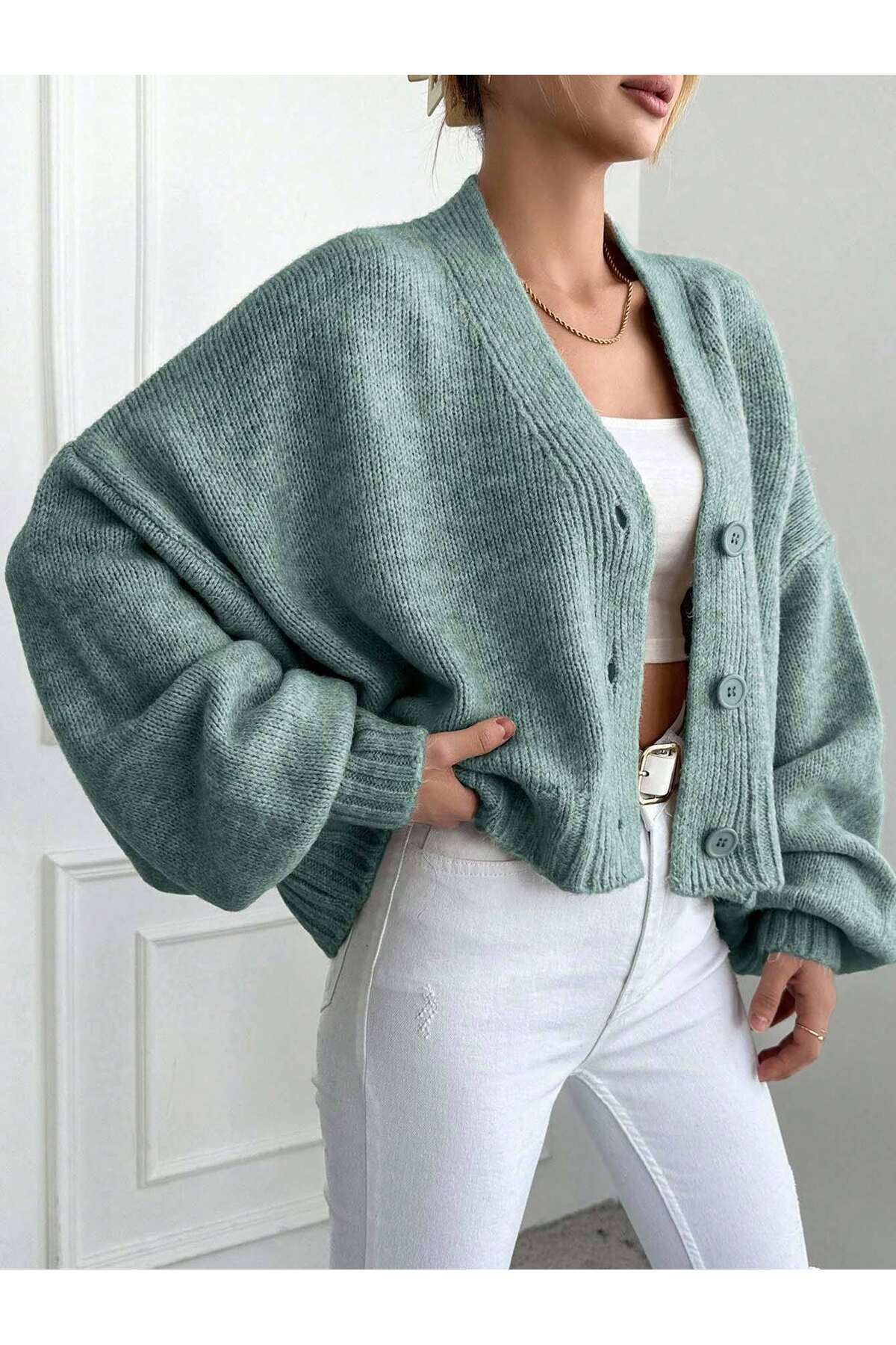 ALTINER TRİKO  KADIN MİNT RENK OVERSİZE TRİKO HIRKA - Görsel 2