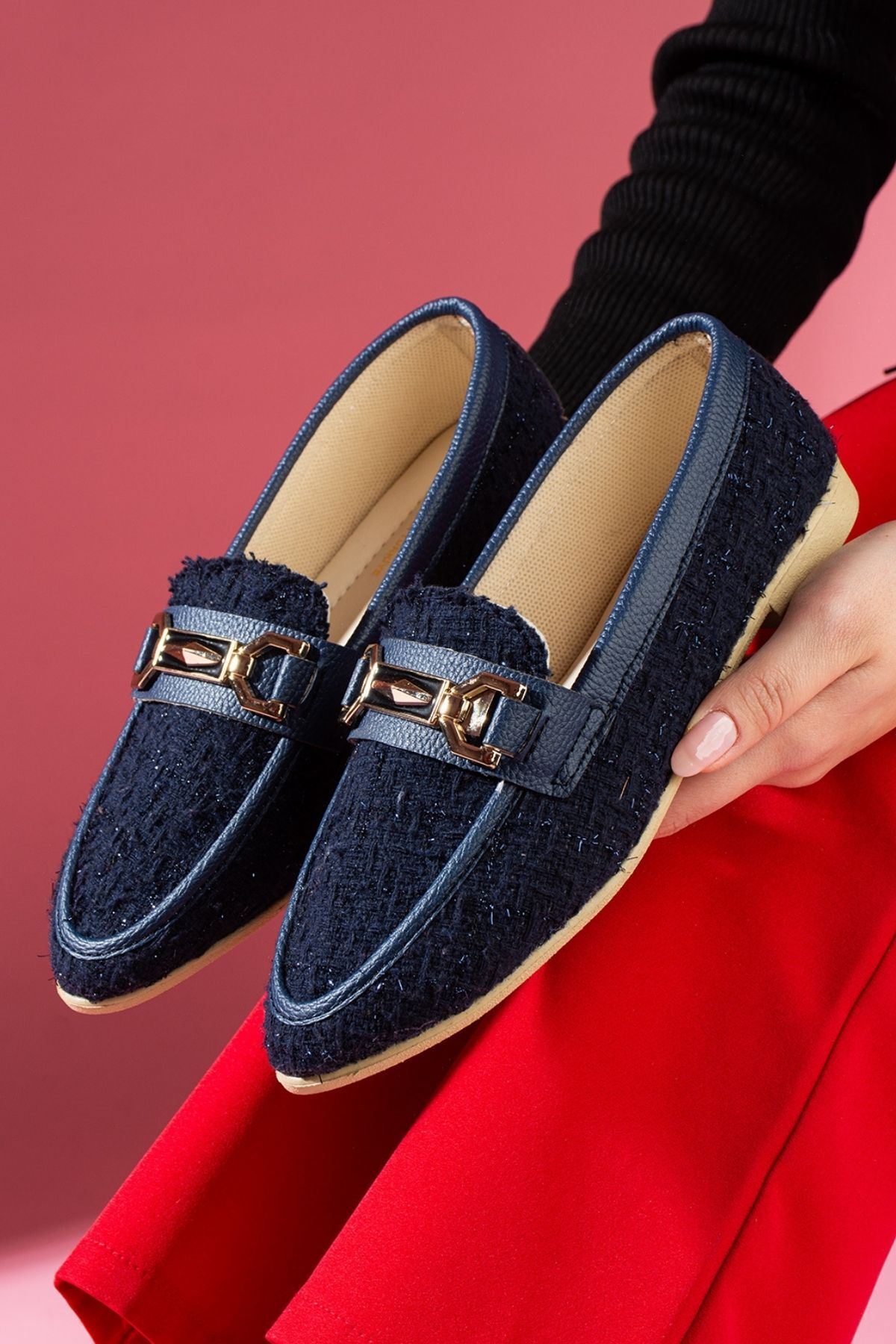 FUGA MODA  Cassia Lacivert Simli Kumaş Gold Zincir Aksesuarlı Loafer Babet - Görsel 3